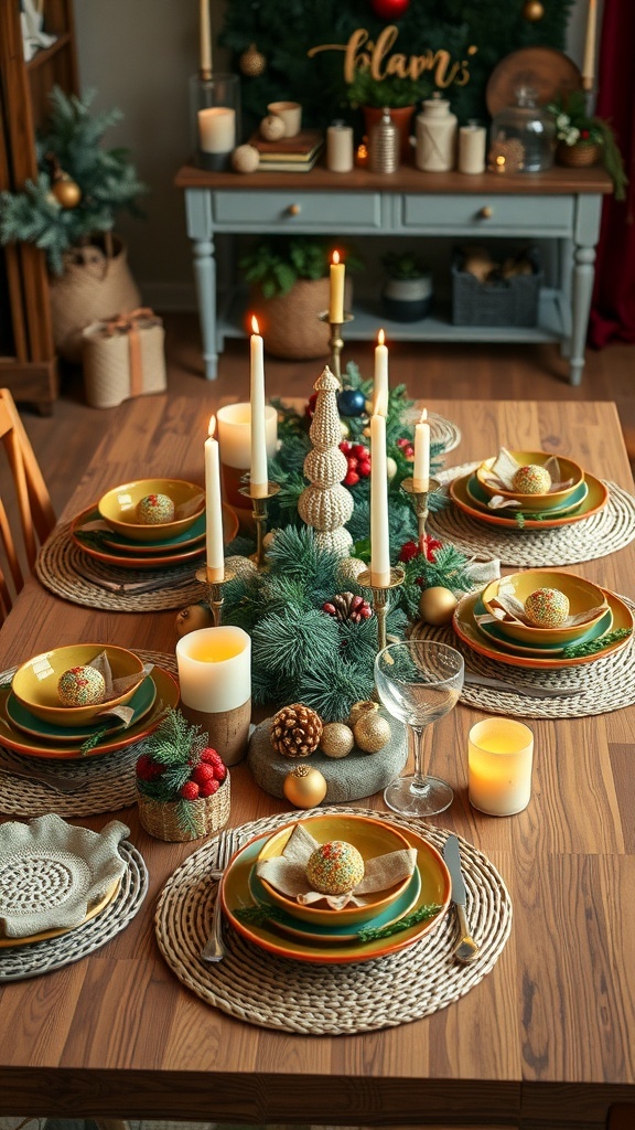 Boho Christmas Table Settings Boho Christmas table setting with colorful dinnerware, candles, and natural decorations.